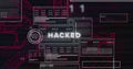 Image of binary codes over hacked text on loading bars, numbers in circles on black background