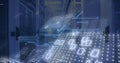 Image of binary coding data processing and circuit board over computer servers Royalty Free Stock Photo