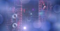 Image of binary coding and data processing on glowing computer circuit board Royalty Free Stock Photo