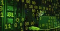 Image of binary coding and data processing over asian male hacker by computer servers Royalty Free Stock Photo