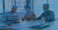Image of binary coding and data processing over business people working in office Royalty Free Stock Photo