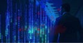 Image of binary coding and data processing over businessman by computer servers Royalty Free Stock Photo