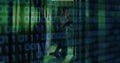 Image of binary coding data processing over caucasian female it engineer by computer servers Royalty Free Stock Photo