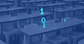Image of binary coding data processing over desks and blue background Royalty Free Stock Photo