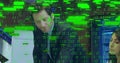Image of binary coding data processing over diverse business people in office Royalty Free Stock Photo