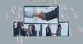 Image of binary coding data processing over diverse business people on screens Royalty Free Stock Photo