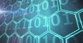 Image of binary coding and data processing over hexagons on black background Royalty Free Stock Photo