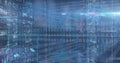 Image of binary coding data processing over screens of mosaic squares against blue background Royalty Free Stock Photo