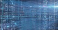 Image of binary coding data processing over screens of mosaic squares against blue background Royalty Free Stock Photo