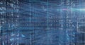 Image of binary coding data processing over screens of mosaic squares against blue background Royalty Free Stock Photo
