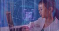 Image of binary coding and data processing over woman using tablet Royalty Free Stock Photo