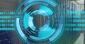 Image of binary coding data processing and scope over computer servers Royalty Free Stock Photo