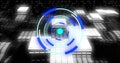 Image of binary coding digital data processing over scope scanning on black background Royalty Free Stock Photo