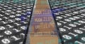 Image of binary coding and financial data processing over cardboard boxes on conveyor belt Royalty Free Stock Photo