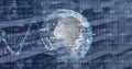 Image of binary coding and financial data processing over spinning globe against blue background Royalty Free Stock Photo