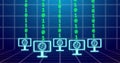Image of binary coding and globe icons on blue background Royalty Free Stock Photo