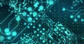 Image of binary coding and glowing microprocessor connections against blue background