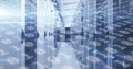 Image of binary coding numbers changing over tech room with computer servers Royalty Free Stock Photo