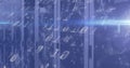 Image of binary coding numbers changing over tech room with computer servers Royalty Free Stock Photo