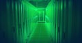 Image of binary coding over green neon server room Royalty Free Stock Photo