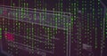 Image of binary coding over interface with data processing against black background Royalty Free Stock Photo