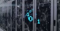 Image of binary coding over network of connections and digital icons against server room Royalty Free Stock Photo