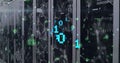 Image of binary coding over network of connections and digital icons against server room Royalty Free Stock Photo