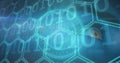 Image of binary coding over scope scanning and network of hexagons over eye Royalty Free Stock Photo