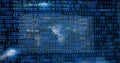 Image of binary coding over screens with data processing against light spot on blue background Royalty Free Stock Photo