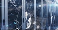 Image of binary coding over shapes and server room