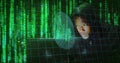 Image of biometric fingerprint and binary coding over african american man using laptop Royalty Free Stock Photo