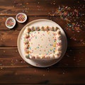 Image Birthday cake on wooden background, celebration party top view with confetti