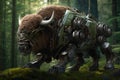 Image of bison electronic gundam robot technology in the forest. Wildlife Animals. Generative AI. Illustration