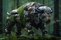 Image of bison electronic gundam robot technology in the forest. Wildlife Animals. Generative AI. Illustration