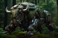 Image of bison electronic gundam robot technology in the forest. Wildlife Animals. Generative AI. Illustration