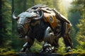 Image of bison electronic gundam robot technology in the forest. Wildlife Animals. Generative AI. Illustration