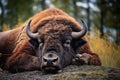 Image of bison sleeping lying on the ground in the middle of the grass. Wildlife Animals