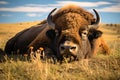 Image of bison sleeping lying on the ground in the middle of the grass. Wildlife Animals