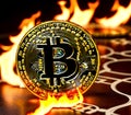 Bitcoin crypto currency coin covered in fire over a metallic table