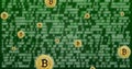 Image of bitcoin currency icons financial data processing over binary coding Royalty Free Stock Photo