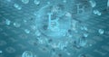 Image of bitcoin and digital icons over binary coding numbers changing on blue background Royalty Free Stock Photo