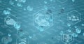 Image of bitcoin and digital icons over binary coding numbers changing on blue background Royalty Free Stock Photo