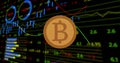 Image of bitcoin over financial data processing on black background