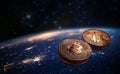 In this image, Bitcoin is pictured against the background of the planet Earth. Bitcoin - the technology of the future