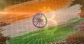 Image of bitcoin symbol and binary coding over flag of india in background