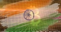 Image of bitcoin symbol and binary coding over flag of india in background