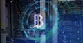 Image of bitcoin symbol on rotating safe lock over data processing and computer server Royalty Free Stock Photo