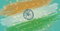 Image of bitcoin symbols flowing over flag of india in background