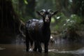 Image of black goat standing in the forest. Wildlife Animals