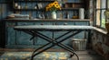 Black Iron Folding Ironing Board in Rustic Kitchen Setting Royalty Free Stock Photo